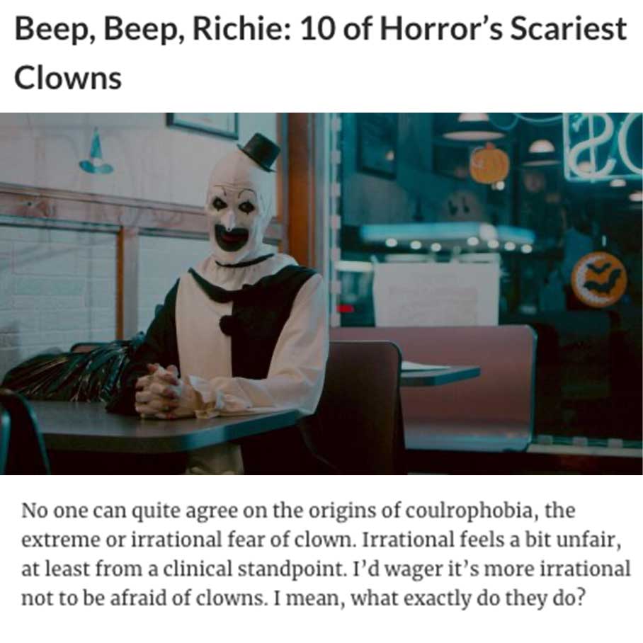 Beep, Beep, Richie: 10 of Horror’s Scariest Clowns