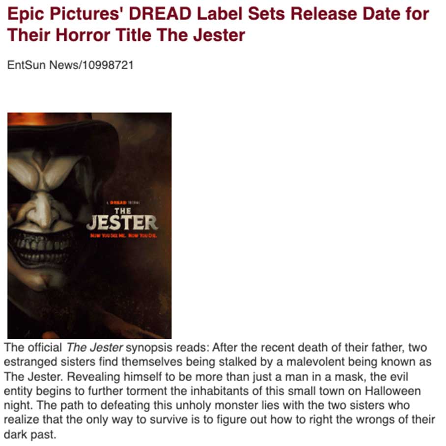 Epic Pictures' DREAD Label Sets Release Date for Their Horror Title The Jester