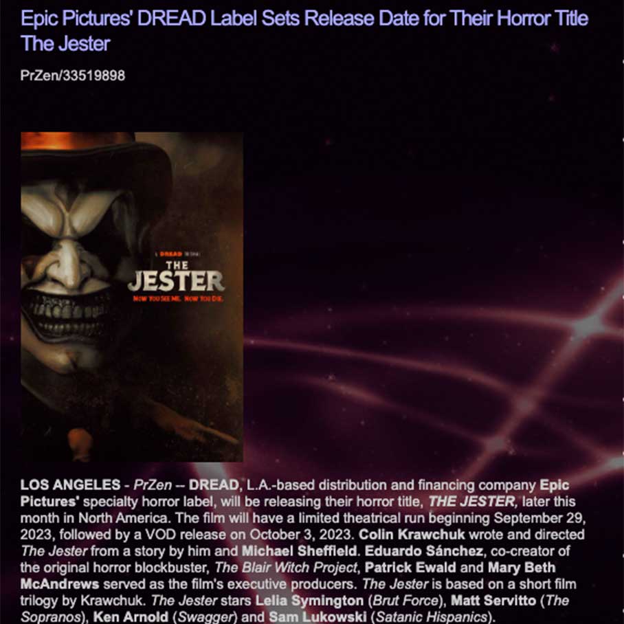 Epic Pictures' DREAD Label Sets Release Date for Their Horror Title The Jester