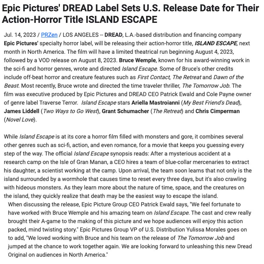 Epic Pictures' DREAD Label Sets U.S. Release Date for Their Action-Horror Title ISLAND ESCAPE