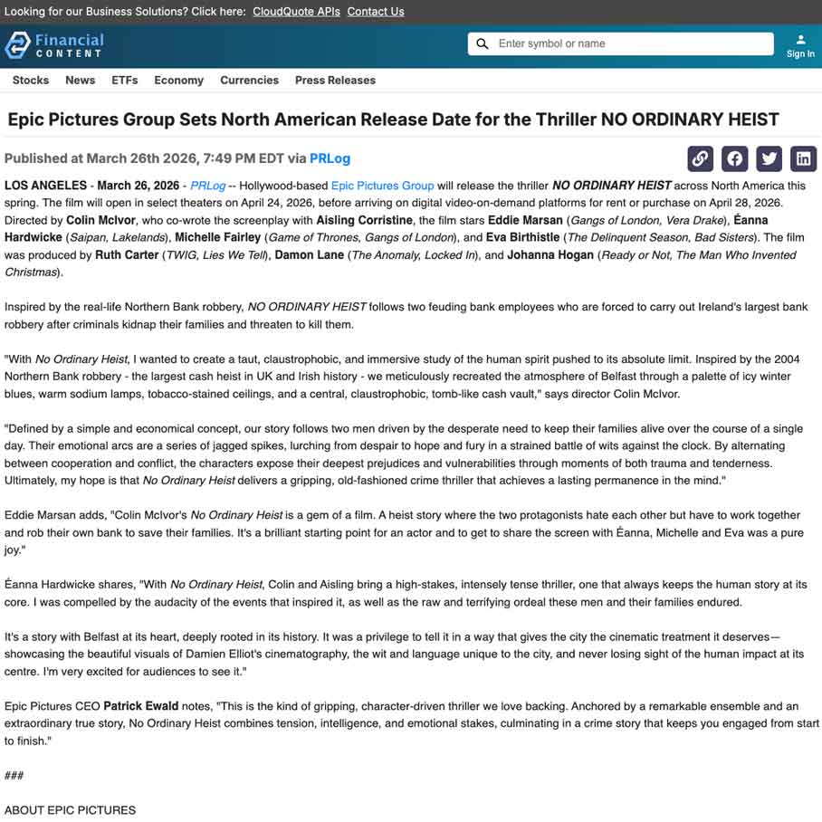 Epic Pictures Group Sets North American Release Date for the Thriller NO ORDINARY HEIST