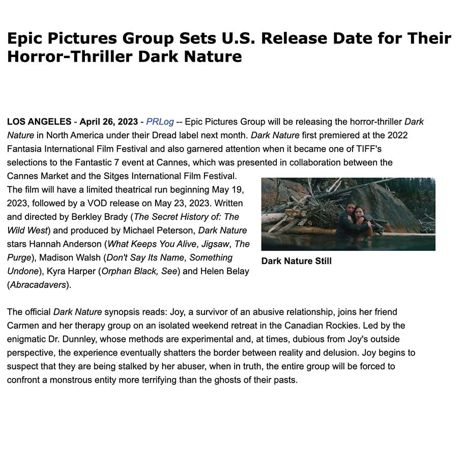 Epic Pictures Group Sets U.S. Release Date for Their Horror-Thriller Dark Nature