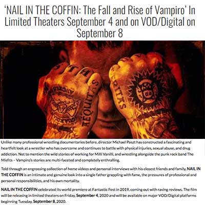 ‘NAIL IN THE COFFIN: The Fall and Rise of Vampiro’ In Limited Theaters September 4 and on VOD/Digital on September 8