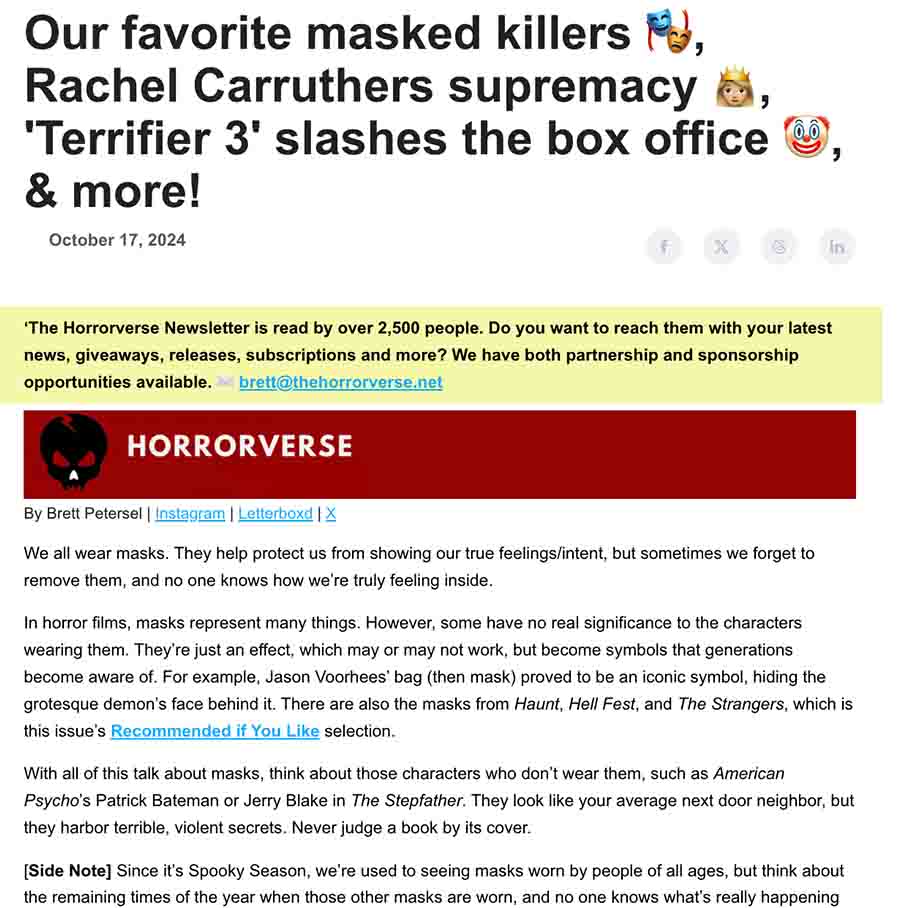 Our favorite masked killers, Rachel Carruthers supremacy, 'Terrifier 3' slashes the box office, & more!